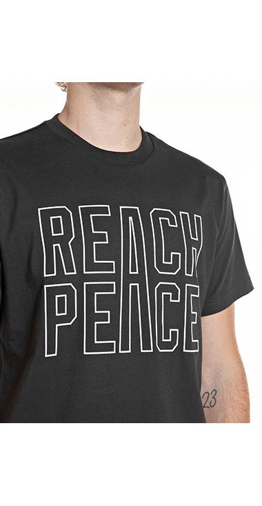 オープンエンドジャージーREACH PEACEプリントTシャツ 詳細画像